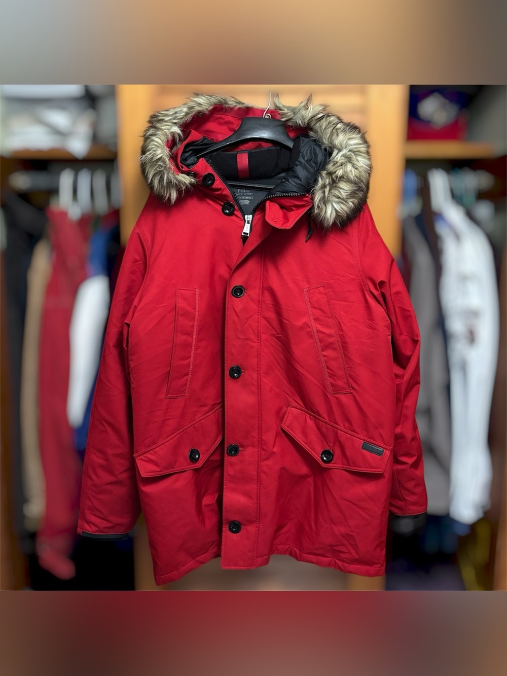 Polo Ralph Lauren Red Down Parka Jacket Faux-Fur Hooded Performance Coat Red XL